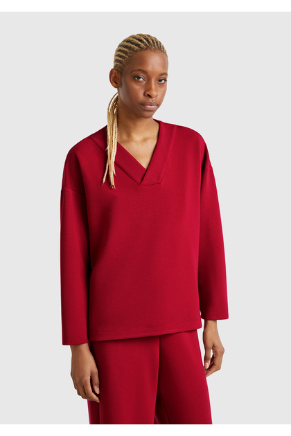 Kadın Bordo Modal Karışımlı V Yaka Uzun Kollu Sweatshirt