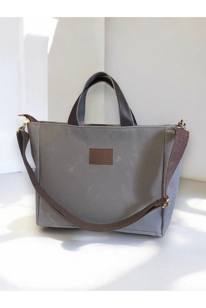 Zippered Medium Size Waxed Canvas Anthracite Color Handbag / Cross Strap