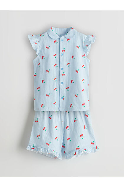 Lcw Baby Ecru Cherry Printed Baby Girl Shorts Pajama Set