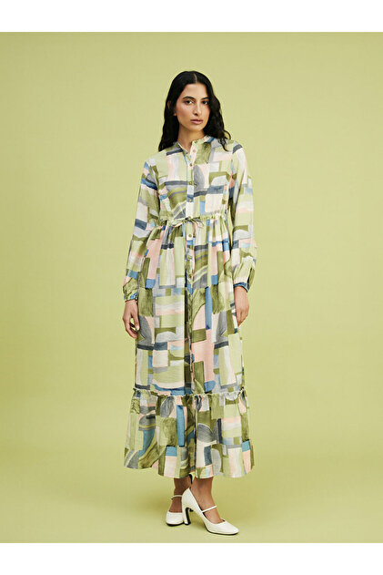 Lcw Modest Green Judge Collar Patterned Women's Shirt Dress
