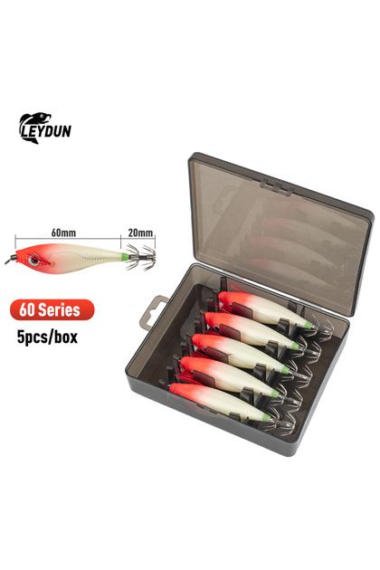 60series(5pcs) 01 LEYDUN Luminous Horizontal Squid Jig Wood Shrimp Squid Hook 5pcs Fishing Lures LEY