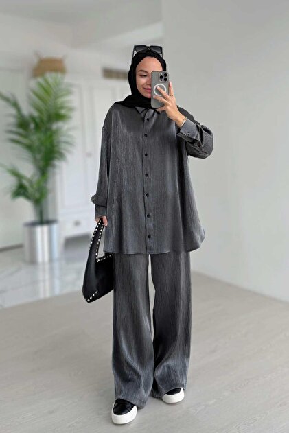 Shiny Textured Loose Cut Double Suit - Anthracite