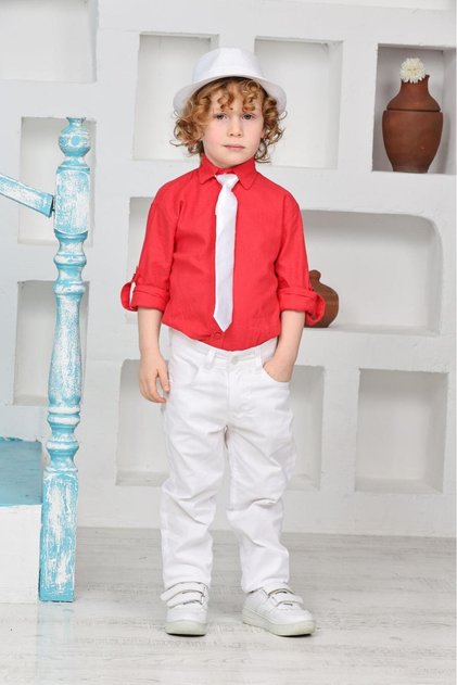Boy's Red Long Sleeve Shirt Tie White Pants Suit April 23 October 29 Show Outfit