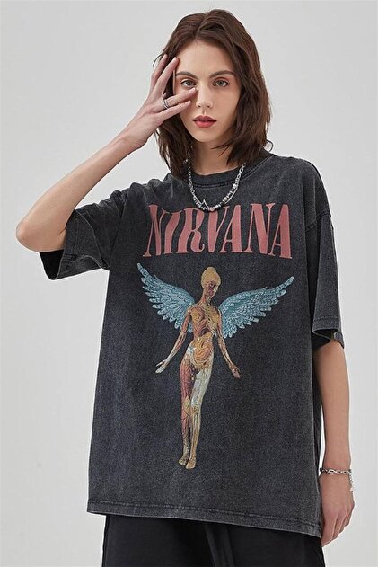 Trendiz Unisex Nirvana Angel Yıkamalı Tshirt Antrasit - Fiyatı
