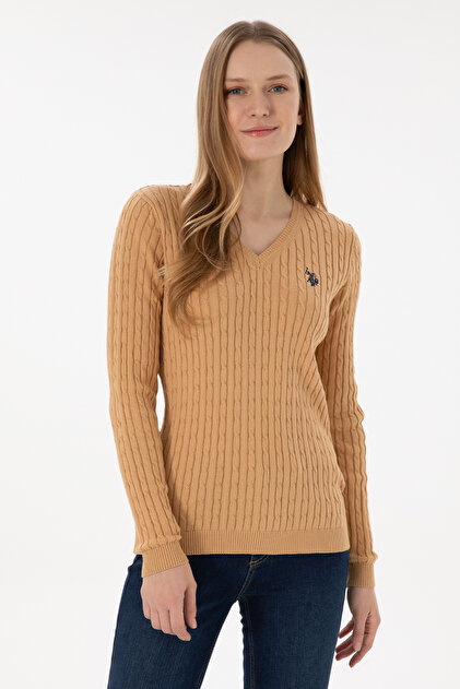 U.S. Polo Assn. Kadın Camel V Yaka Basic Kazak 50293561-VR015