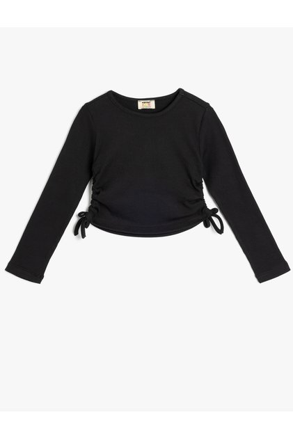 Long Sleeve Crop T-Shirt Tie-Up Side Gathered Crew Neck Cotton
