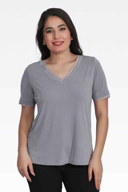 10963 Gray Tulle Detail Crepe Knitted Bluz