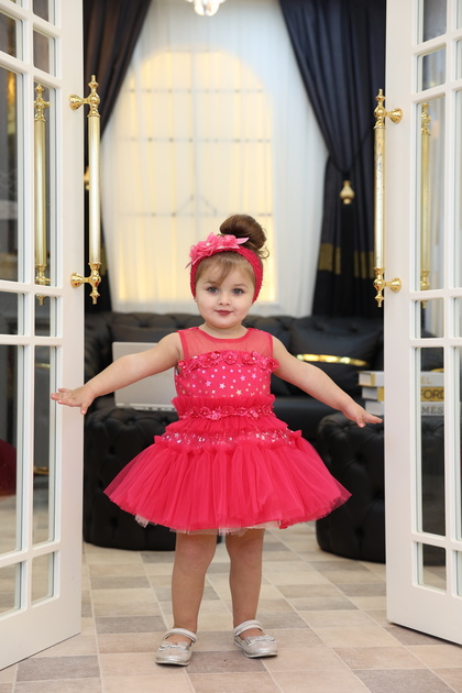 Ruched Star Pattern Embroidered Tulle Baby Girl Evening Dress