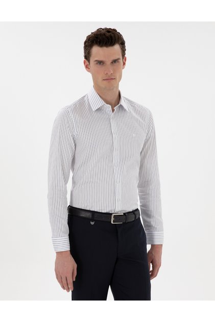 Navy Blue Slim Fit Striped Long Sleeve Shirt 50306028-Vr033