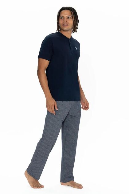 U.S. Polo Assn. 18907 Men's Short Sleeve Buttoned Collar Pajama Set-Navy Blue