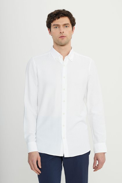 Men's White Slim Fit Slim Fit Button Collar Dobby Seersucker Patterned Shirt