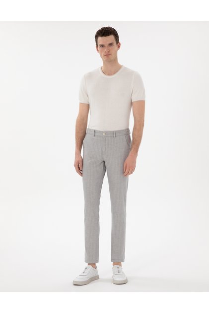 Gray Slim Fit Linen Blend Striped Canvas Trousers 50301778-Vr024