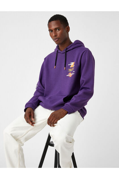 Baskılı Kapşonlu Sweatshirt Şardonlu