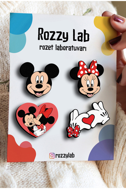 Mickey & Minnie Mouse 4lü Rozet Set - Pin - Rozet - Ahşap Broş - Yaka Çanta Aksesuar