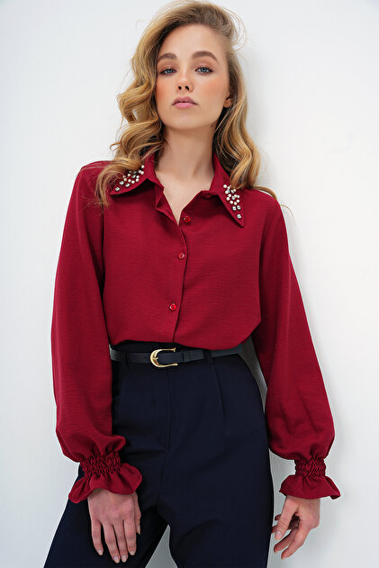 Women's Burgundy Pearl and Stone Embroidered Aerobin Shirt Alc-X10085