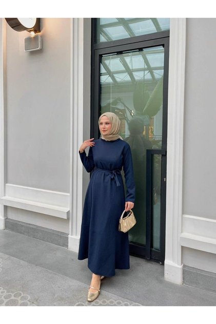 Crepe Fabric Dress with Belt Detail