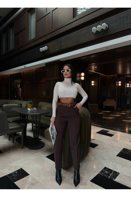 Kadın Acı Kahve Yüksek Bel Pileli Kemerli Premium Pantolon