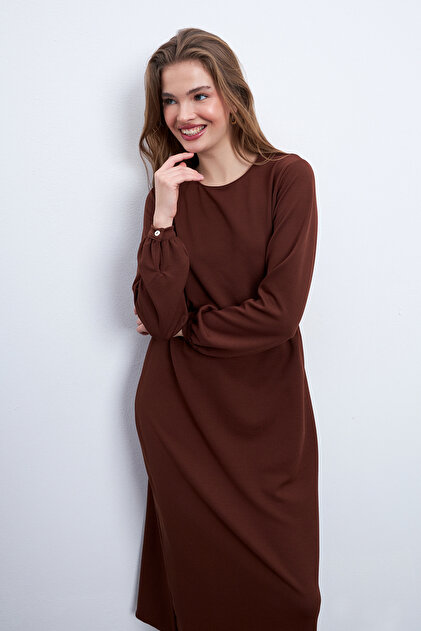 Know Brown Waist Detailed Zara Crep Dress- Trendyol