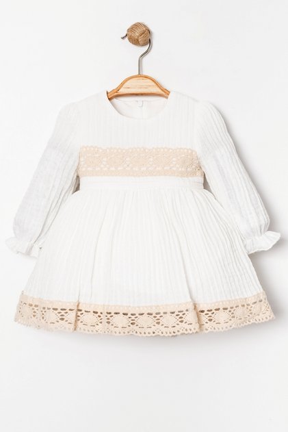 Lined Cotton Fabric Lace Stripe Detailed Long Sleeve Ecru Baby Girl Dress 15323