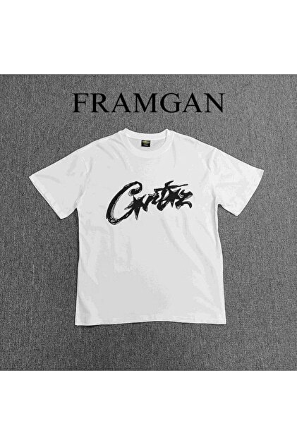 Framgan Unisex Corteiz Baskılı Sokak Tarzı Beyaz Bisiklet Yaka T