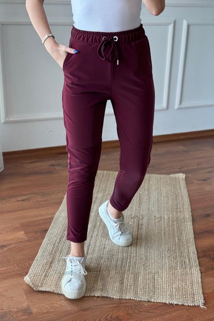 Women's Pu Fabric Burgundy Leather Pants