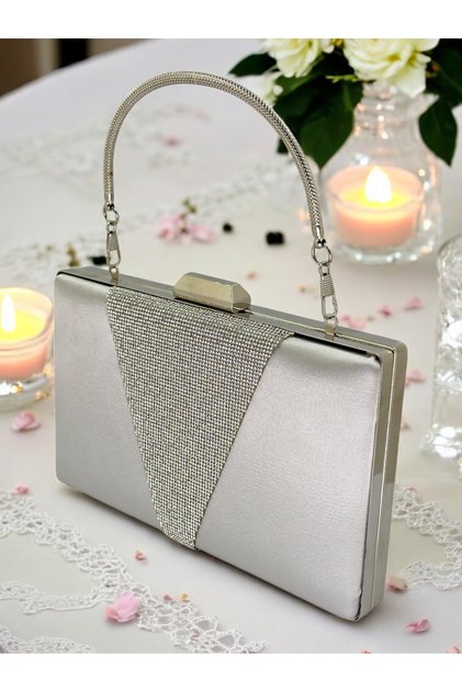 Silver Satin Silver Stone Metal Handle Evening Dress Bag Evening Bag Engagement Wedding Bag