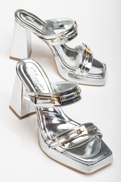 Tommo Silver Patent Leather Platform Open Toe Thick Heeled Shoes