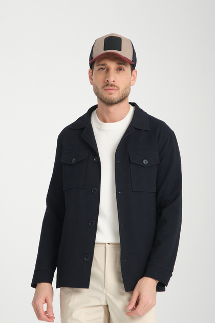 Vitanes Erkek Lacivert Overshirt Esneyen Kumaş Baharlık Trenç Ceket-Mont