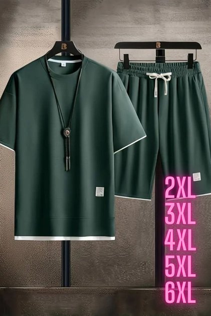 Men's Large Size New Season 100% Cotton White Detailed T-Shirt Shorts Set
