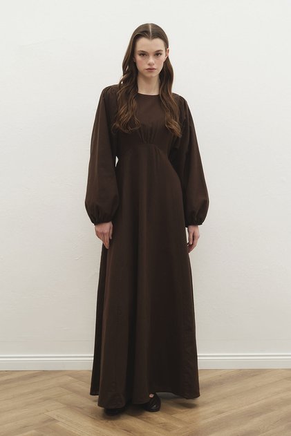 Balloon Sleeve Brown Linen Dress