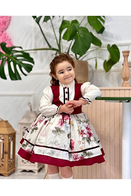 Vintage Baby Girl Dress with Cream Burgundy Vest, Birthday, Photo Shoot Dress