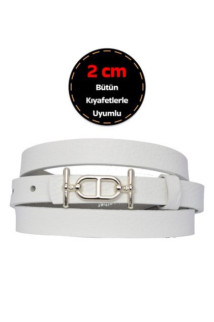 100% Genuine Leather, Silver Color Buckle, Thin 2 cm White Women's Dress, Trouser Belt; Tt+Tt
