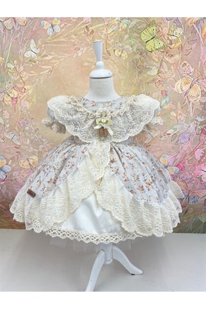 Cream Floral Vintage Baby Girl Dress, Birthday, Photo Shoot Dress, Suitable for Ages 0-13