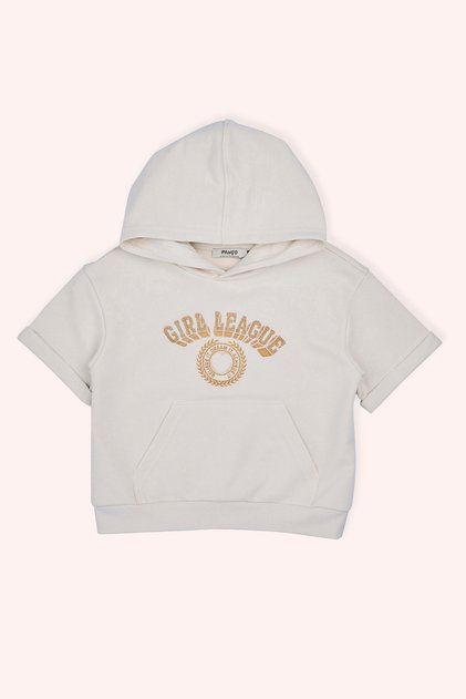 Girl's Hooded Short Sleeve Front Size Beige Sweatshirt with Glitter Embroidery Pocket