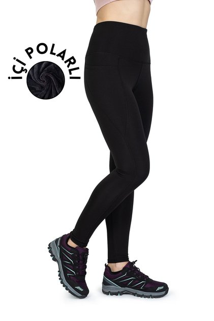 Women's Black Winter Thermal Leggings with Fleece Inside and Pockets, High Waist and Slimming Effect