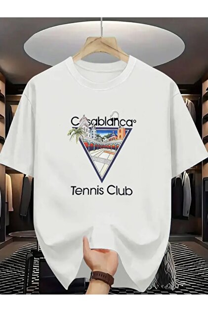 Casablanca Tシャツ Keywest Unisex Tennis Club Casablanca Baskılı Oversize %100 Pamuk