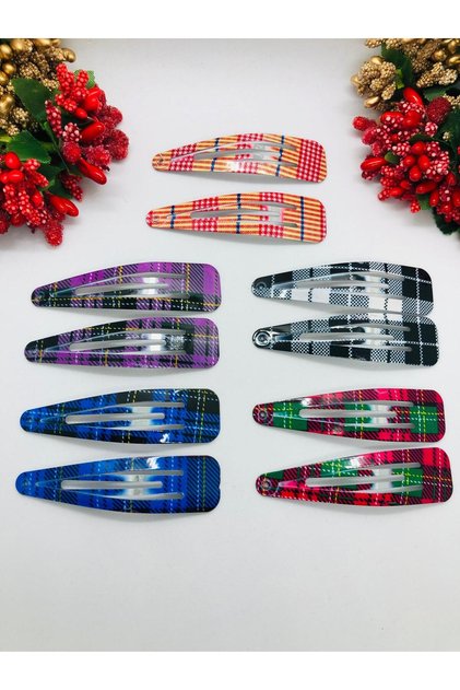 Snap Fastener Plaid Patterned Buckle Set of 10 Hair Clips Hair Accessory