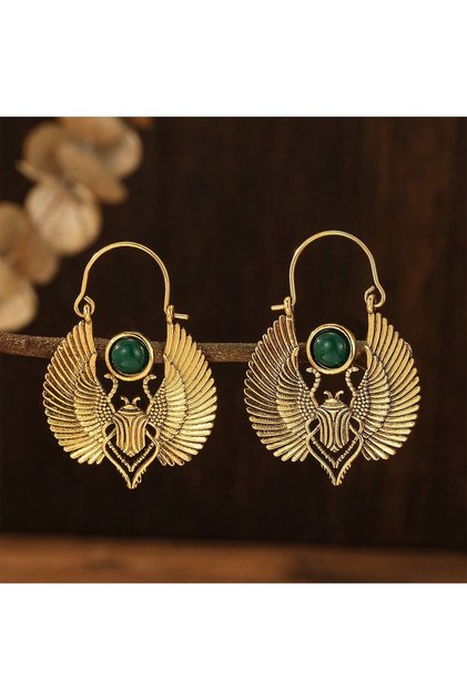 E1251 Vintage Egyptian Inspired Designs Sacred Wings Scarab Large Hoops Earrings Gypsy Tribal Women