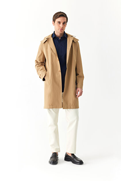 Men's Beige Hooded Long Trench Coat