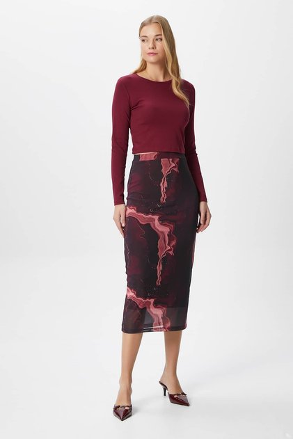 Women's Dania Lined Elastic Waist Chiffon Burgundy Midi Pencil Skirt