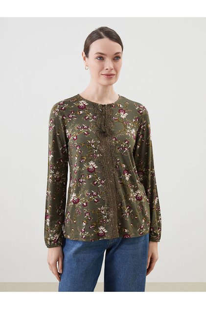 Lcw Grace Lace-Up Collar Floral Women's Blouse