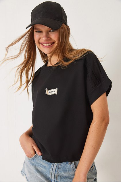 Women's Black Ribbed Stitched Low Sleeve Basic T-Shirt 60602022
