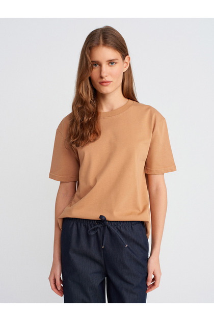 Dilvin 30312 %100 Pamuk Bisiklet Yaka T-Shirt-Karamel - Fiyatı