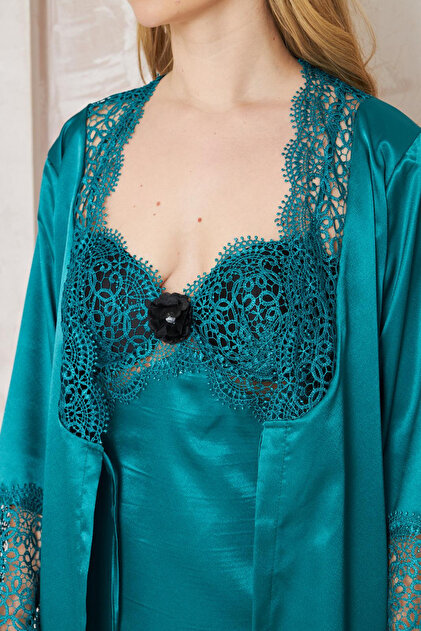 LORIAN'S Silk Like Satin with Lace 2-Piece Nightgown and Dressing Gown Set  Plus Size 4400 Emerald Green- Trendyol