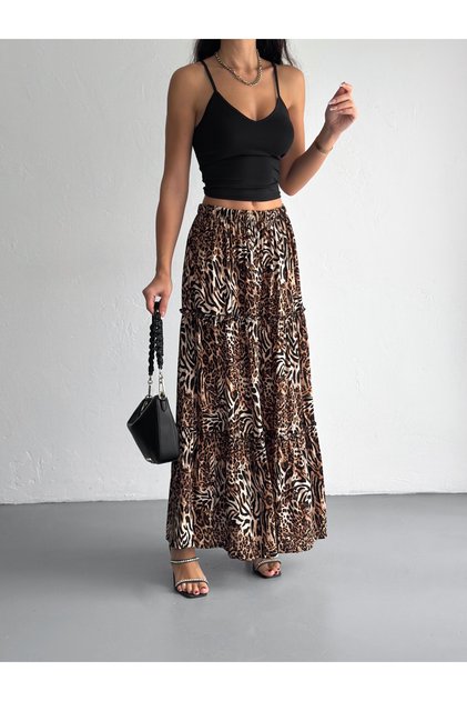 Femei Dimensiune Plus Leopard Model Talie Elastică Volană Tesut Tesut Fusta Lungă Lungime 100 Cm