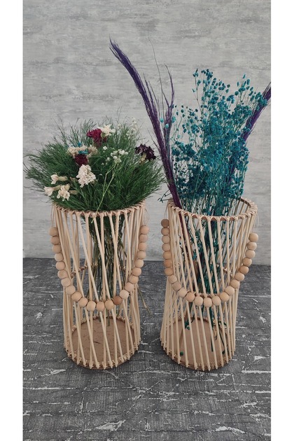 Bambu Çubuklu Ahşap Boncuklu Pampas Vazo 2 li Set