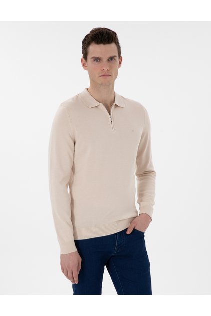 Beige Slim Fit Zippered Polo Neck Wool Blend Basic Knitwear Sweater 50312570-Vr011
