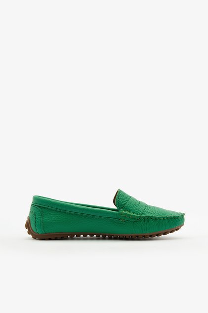 Green Genuine Leather Loafer Shoes Women's Flat Shoes