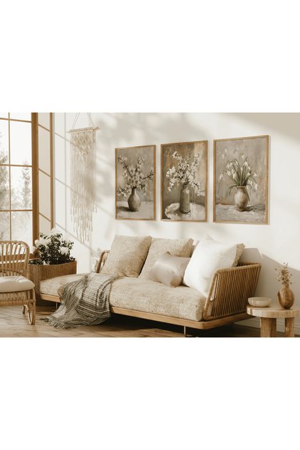 3'lü Ahşap Çerçeveli Tablo Seti Vazodaki Çiçekler