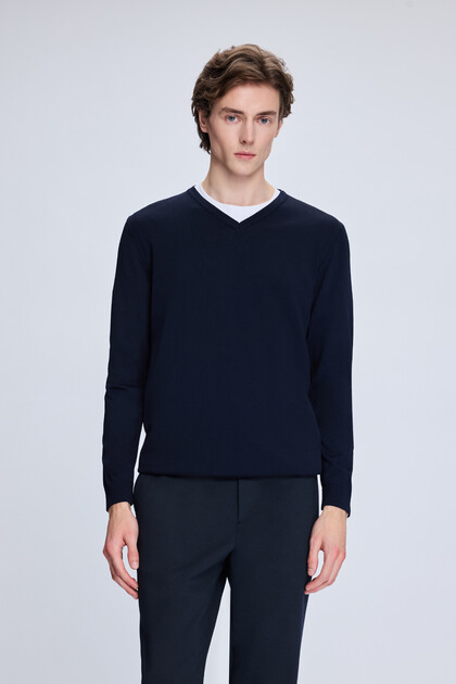 Lacivert Regular Fit V Yaka Rayon Kazak